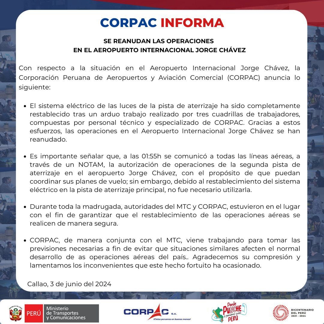 Corpac emite comunicado confirmando reestablecimiento de las operaciones en el aeropuerto Jorge Chávez