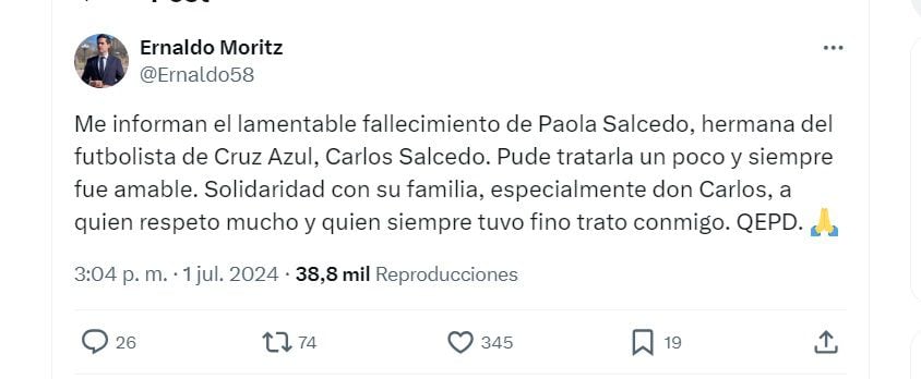 Reportan la muerte de Paola Salcedo, hermana de Carlos Salcedo (X/@Ernaldo58)