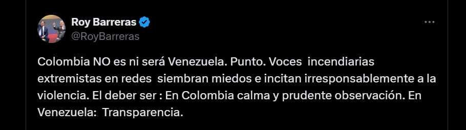 Roy Barreras pide mesura en comentarios sobre Venezuela - crédito @RoyBarreras/X