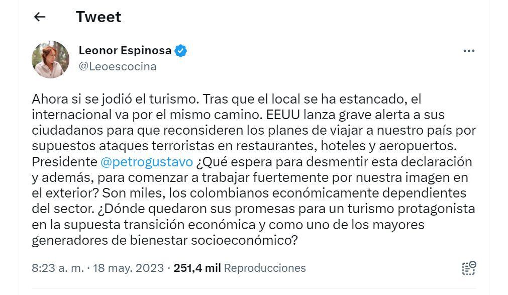 Tuit de la chef colombiana Leonor Espinosa.
