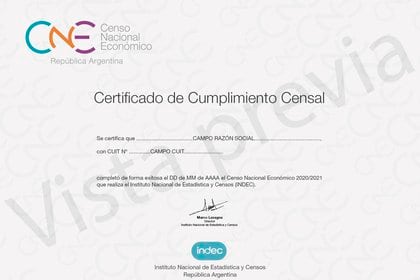Así luce el certificado que extenderá el Indec a quienes respondan el censo