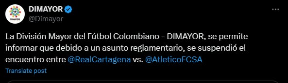 Así lo notificó la División Mayor del Fútbol Profesional Colombiano en sus cuentas - crédito @Dimayor / X