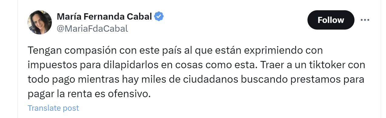 María Fernanda Cabal aseguró que invitar a un tiktoker con todo pago es ofensivo - crédito @MariaFdaCabal/X