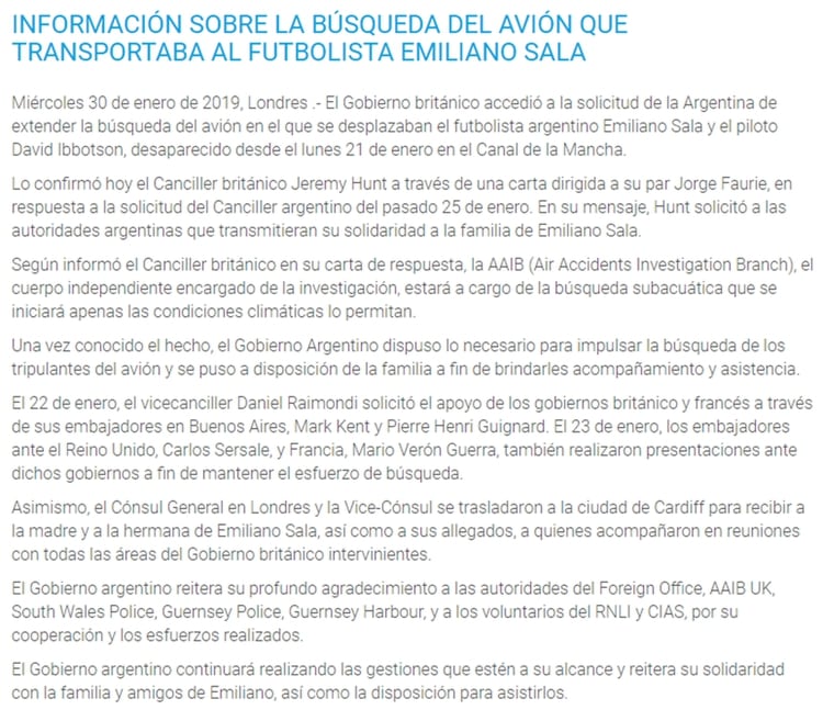 El comunicado completo que publicÃ³ la embajada argentina confirmando que se âextenderÃ¡â la bÃºsqueda