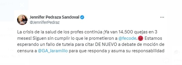 Jennifer Pedraza critica el nuevo modelo de salud del Fomag - crédito @JenniferPedraz/X