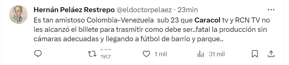 Los dos canales presentaron fallas en la trasmisión durante el partido de Colombia vs. Venezuela - crédito @eldoctorpelaez/X