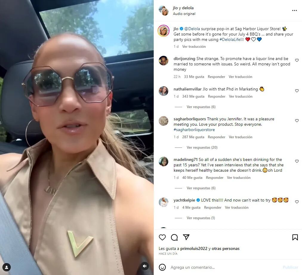 "Disfruto los cocteles ocasionales. Consumo responsablemente, pero no lo hago hasta perderme. Lo hago de forma social y para pasarla bien y relajarme", aseguró Jennifer López en un reciente video  (Foto: Instagram/Jennifer López)