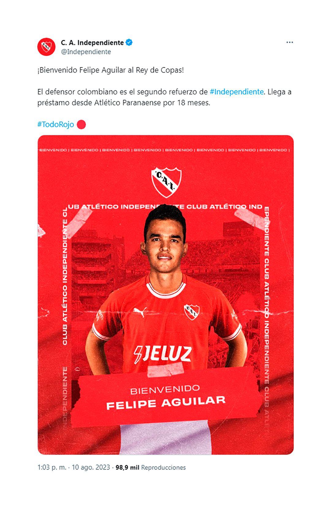 Independiente presentó a Felipe Aguilar como refuerzo