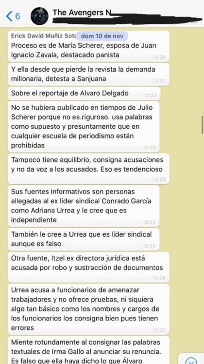 Testimonios compartieron imágenes de los chats donde se hablaba del tema (Foto: Artículo 19/ Aristegui Noticias)