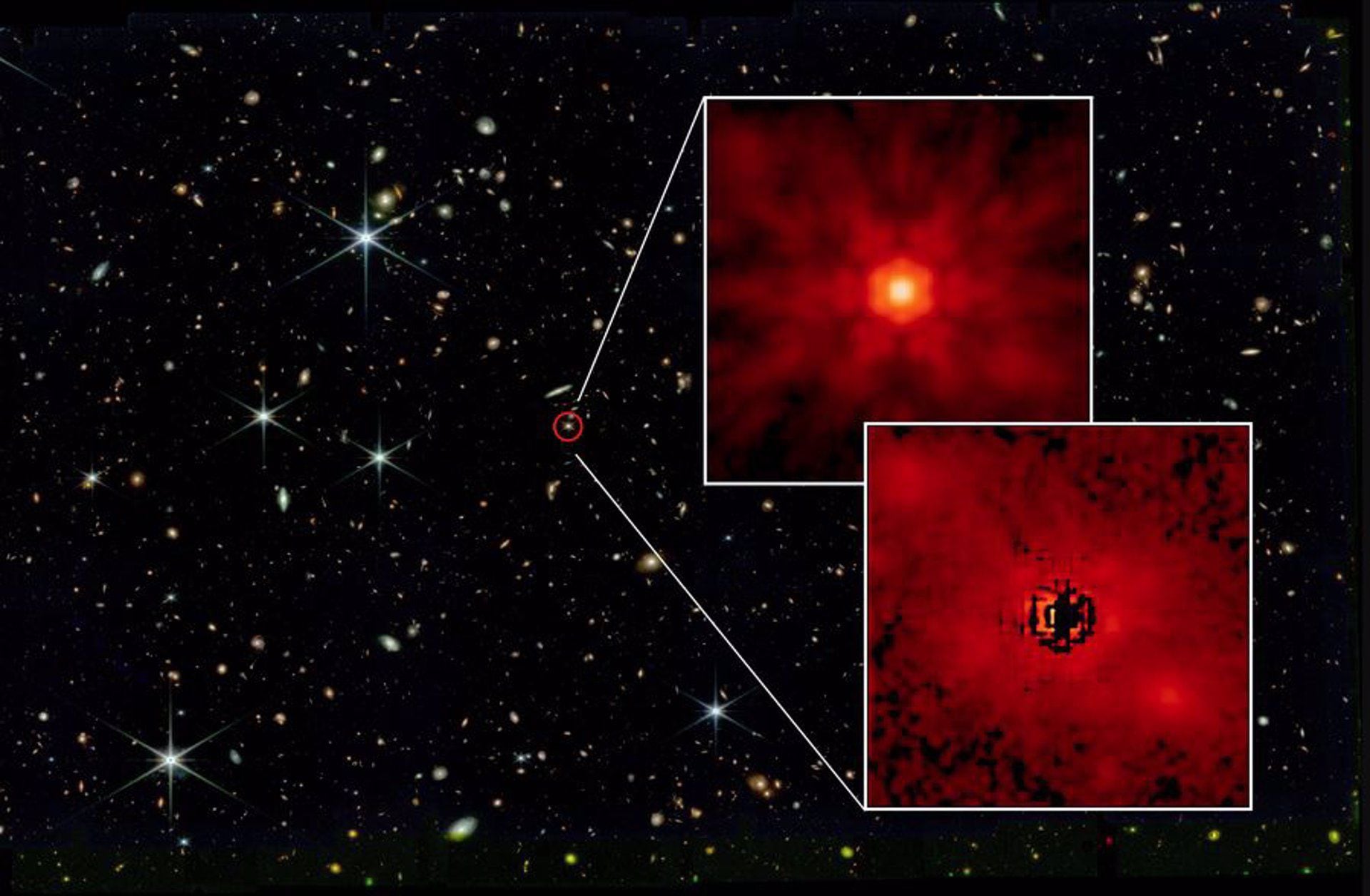 Una imagen del telescopio James Webb muestra el quásar J0148 rodeado de un círculo rojo. Dos recuadros muestran, arriba, el agujero negro central y abajo, la emisión estelar de la galaxia anfitriona. (NASA) 