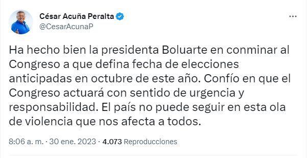 Tuit César Acuña previo a la votación de reconsideración sobre elecciones en el 2023