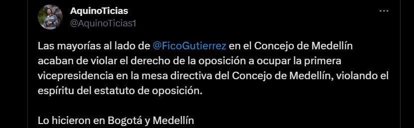 Según el concejal José Luis Marín, el Concejo de Medellín violó el estatuto de oposición al no integrarlos en la mesa directiva - crédito @AquinoTicias1/X