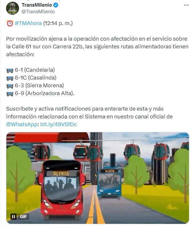 Afectación Transmilenio - crédito captura de redes sociales