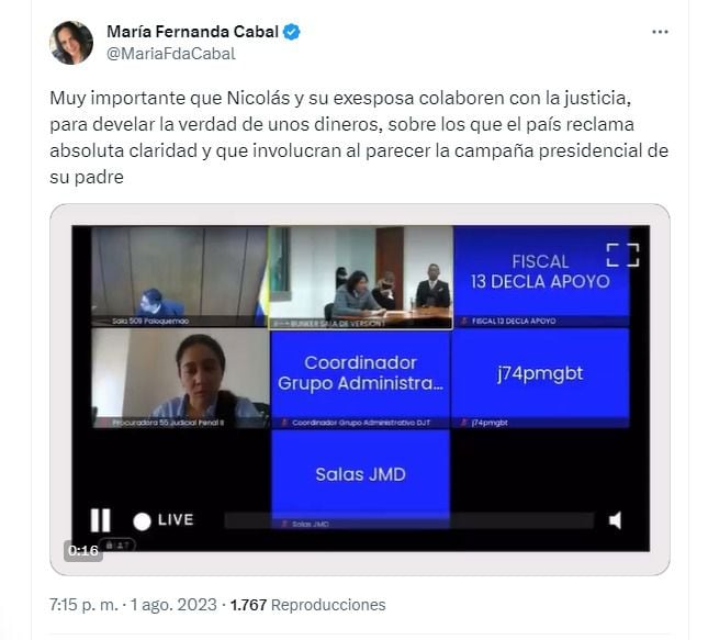 Con este mensaje, la senadora María Fernanda Cabal se pronunció sobre la decisión de Nicolás Petro de colaborar con la justicia, en el caso en el que es investigado por lavado de activos y enriquecimiento ilícito.