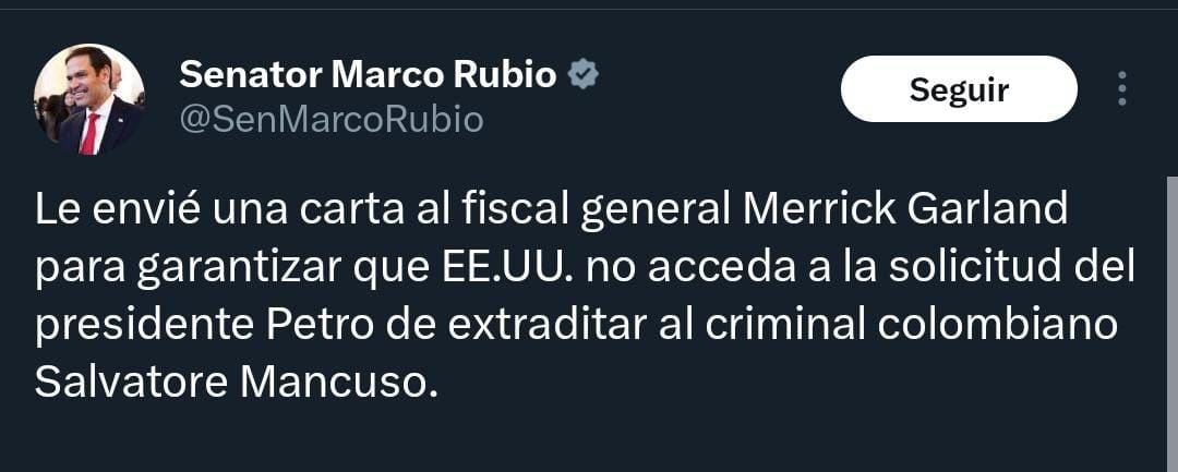 De acuerdo con el senador estadounidense, la justicia de ese país debe rechazar el pedido de regreso a Colombia de Salvatore Mancuso para cumplir su gestoría de paz crédito: @SenMarcoRubio/X (Twitter)