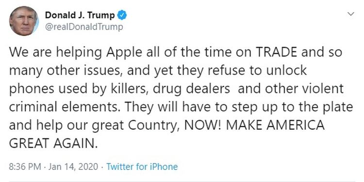 Trump acusó a Apple de negarse a desbloquear el iPhone utilizado por el supuesto autor del atentado de Pensacola.