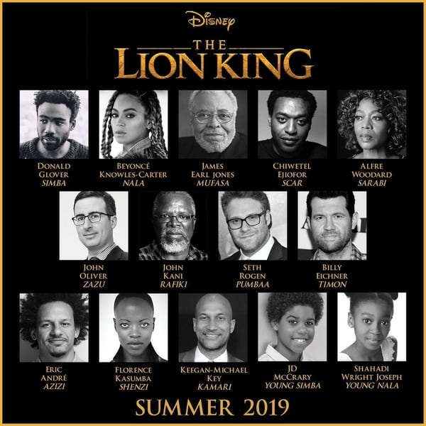 Reparto: Donald Glover como Simba, BeyoncÃ© como Nala, Chiwetel Ejiofor como Scar y Seth Rogen y Billy Eicher como Timon y Pumbaa, mientras que el gran James Earl Jones volverÃ¡ a interpretar a Mufasa.