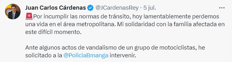  Juan Carlos Cárdenas, alcalde de Bucaramanga, indicó que la muerte de Daniel Felipe Ibáñez Martínez se registró luego de que la víctima infringiera las normas de tránsito. Foto: @JCardenasRey/ Twitter