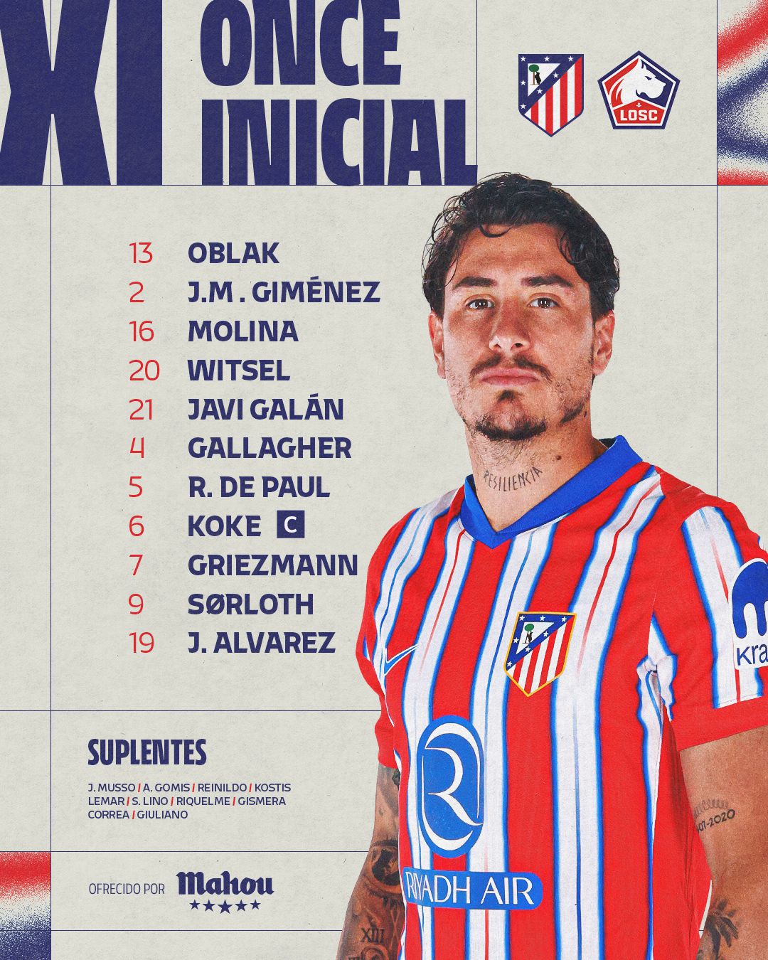 La formación del Atlético de Madrid frente a Lille (@Atleti)