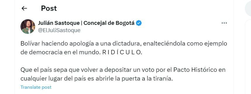 Julián Sastoque se sumó a las críticas a Gustavo Bolívar - crédito @ElJuliSastoque