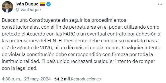 El expresidente criticó de nuevo la posibilidad de una asamblea constituyente en el país - crédito Iván Duque / X