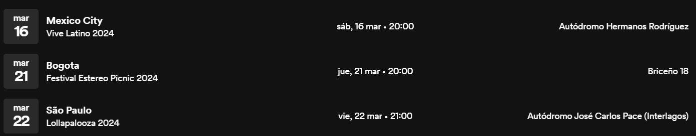 En la cuenta de Spotify de Paramore se publicaron las fechas de sus tres presentaciones en América del Sur en marzo de 2024 - crédito Spotify