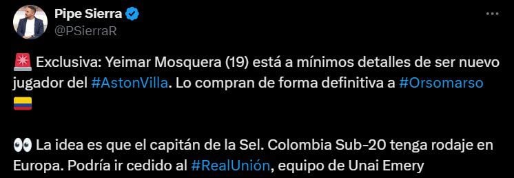 El defensor Yeimar Mosquera sería nuevo jugador del Aston Villa, para luego salir a préstamo - crédito @PSierraR/X