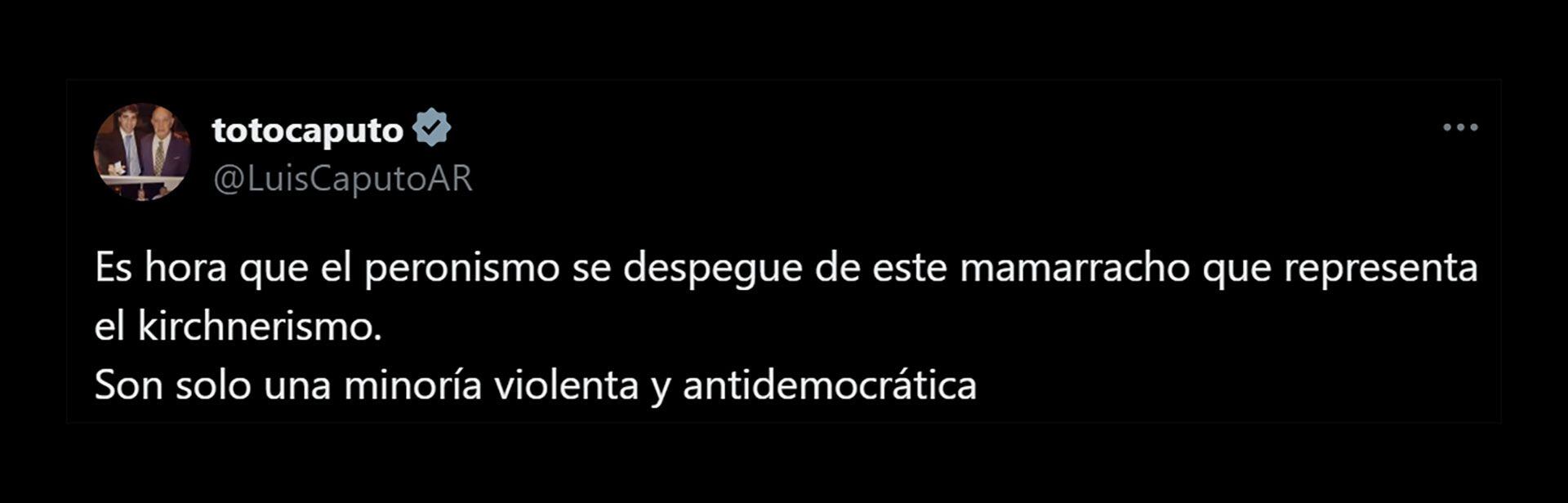 El tuit de Luis Caputo sobre la Ley Bases