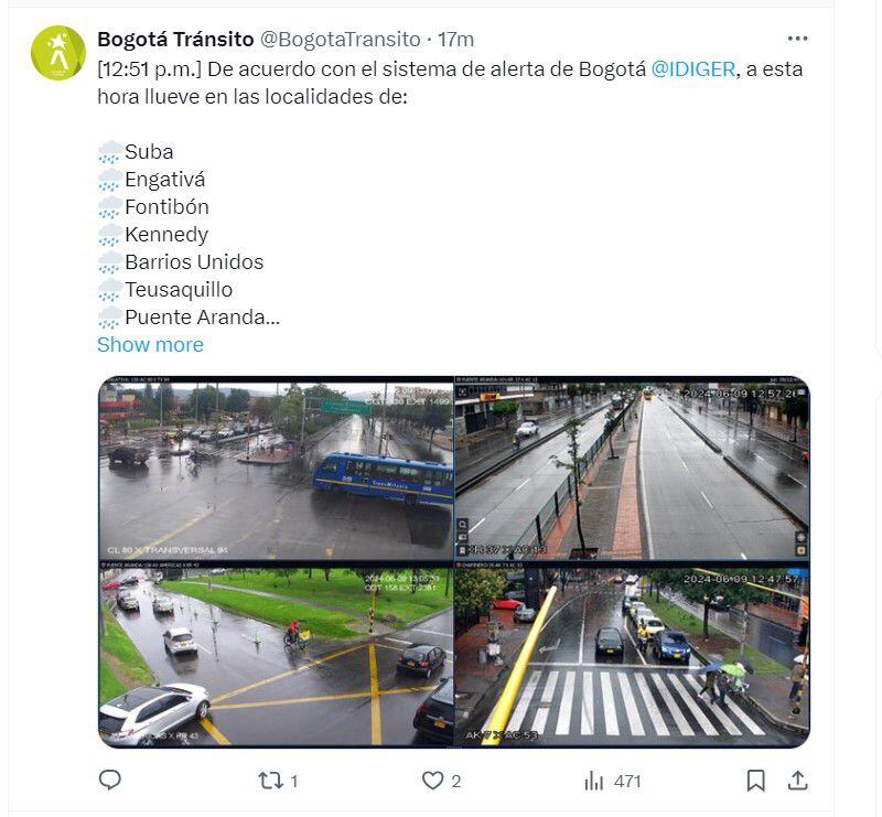 Bogotá Tránsito advierte sobre las localidades en las que llueve en la ciudad y podría afectar la movilidad - crédito @BogotaTransito