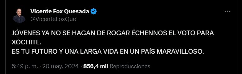 Vicente Fox hace un llamado para que los jóvenes voten por Xóchitl Gálvez (Captura de Pantalla)