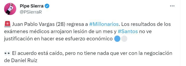 Debido a los malos resultados en los exámenes médicos, Juan Pablo Vargas volvería a Millonarios.