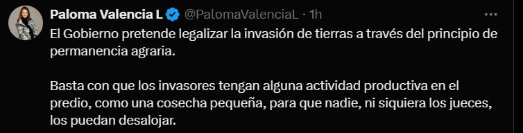 Paloma Valencia criticó la ley de Jurisdicción Agraria - crédito @PalomaValenciaL/X