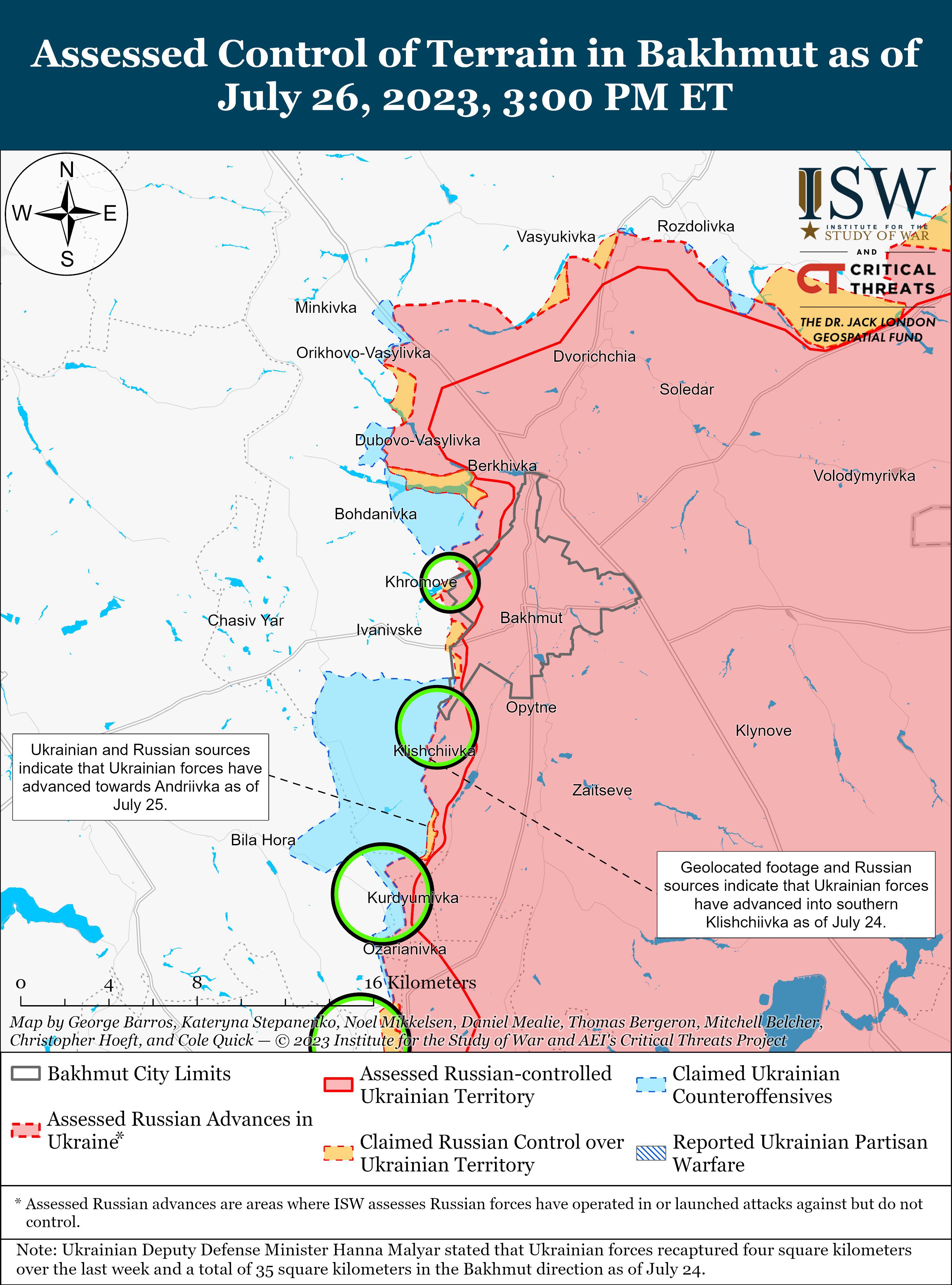 La situación de la contraofensiva en Bakhmut. En celeste se ve el territorio recuperado por Ucrania, en rojo el territorio ucraniano controlado por Rusia  (Twitter ISW - Instituto por el Estudio de la Guerra/@TheStudyofWar)