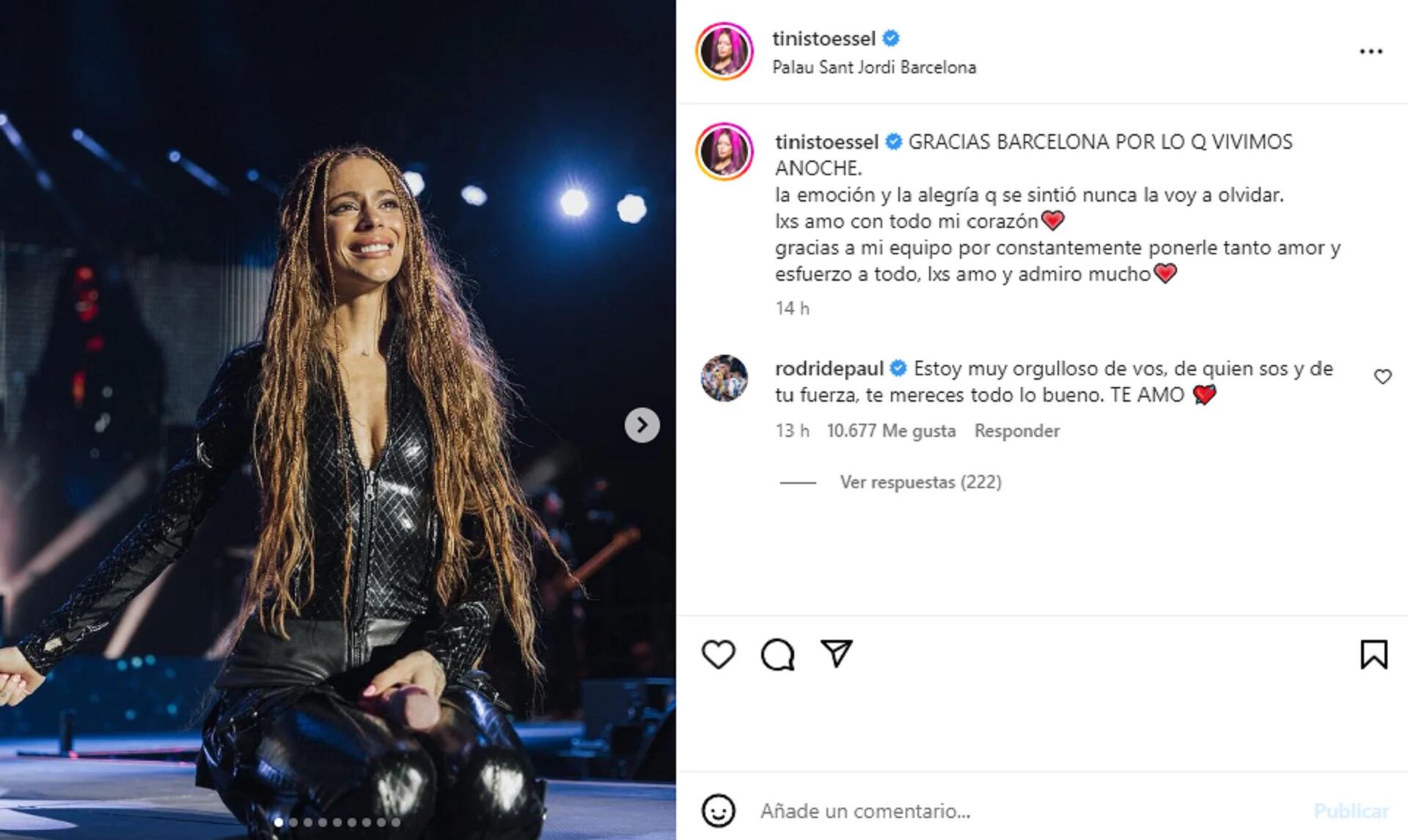 El mensaje de Tini Stoessel en Instagram después de su show en Barcelona y el mensaje de Rodrigo De Paul