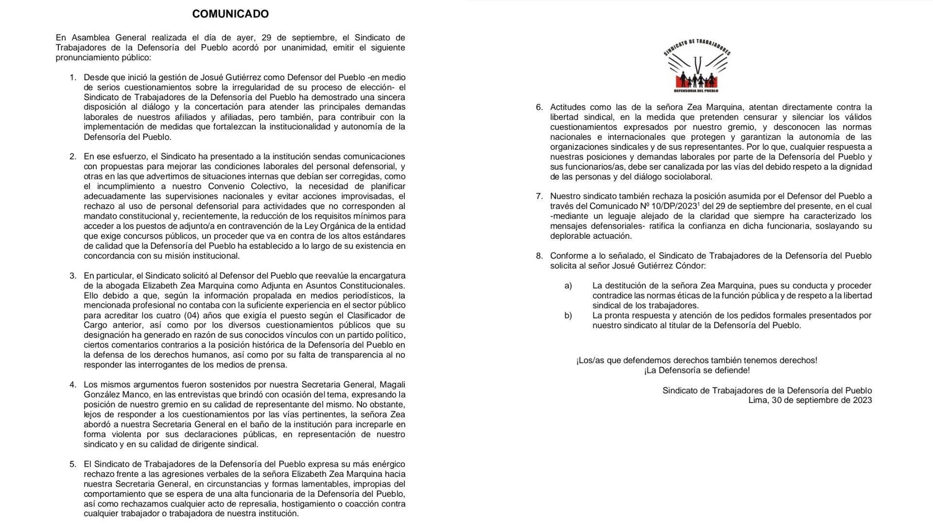 Comunicado del Sindicato de la Defensoría del Pueblo que pide la destitución de Elizabeth Zea. Twitter.