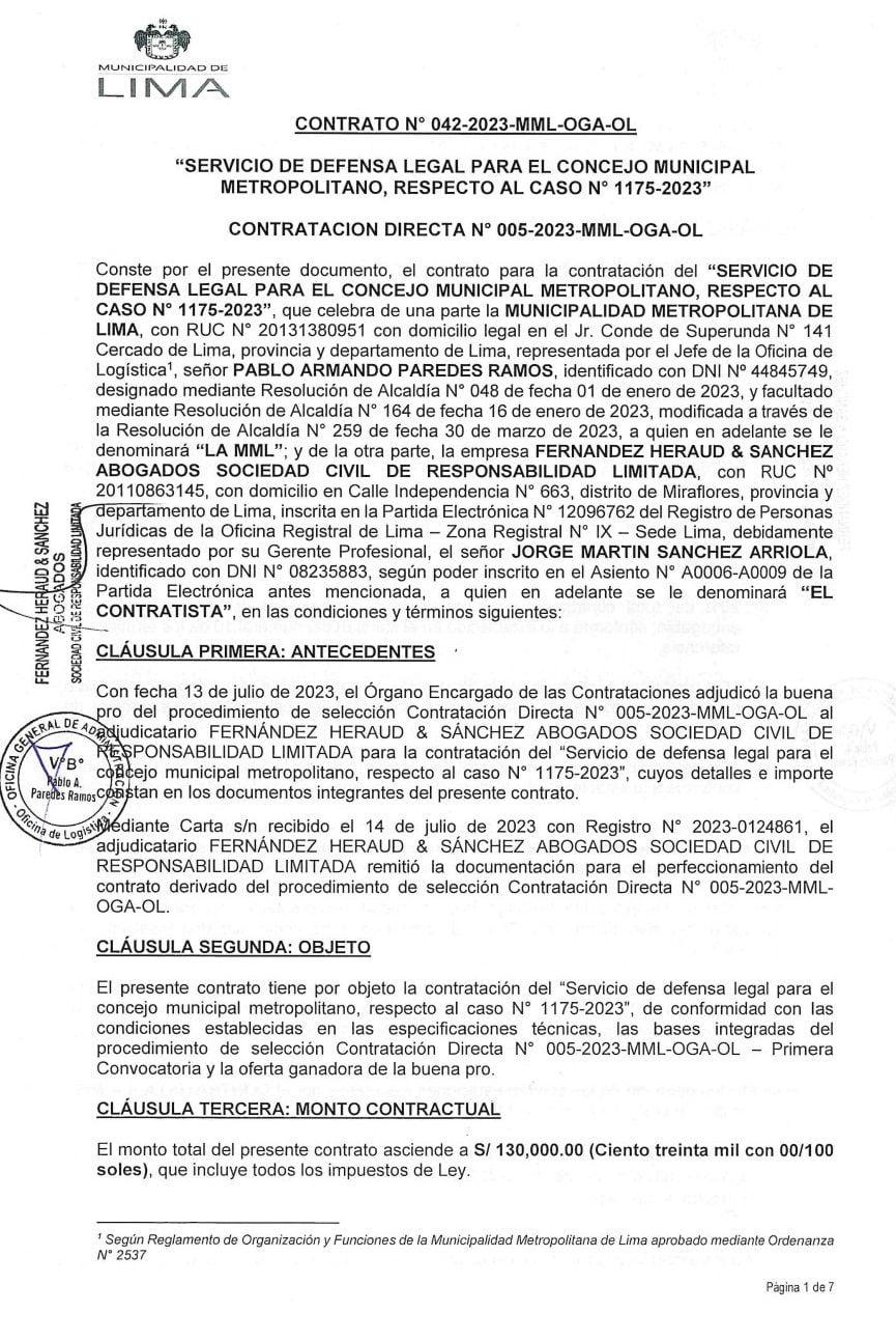 Contrato para la defensa legal de López Aliaga y regidores.