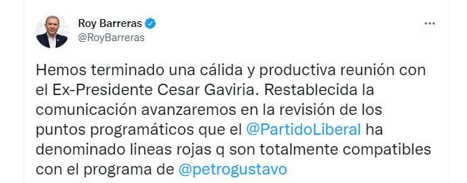 César Gaviria trifft sich mit Roy Barreras, um die Dialoge zwischen der Liberalen Partei und dem Historischen Pakt wieder aufzunehmen