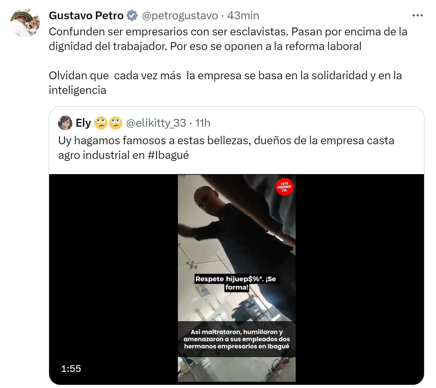 Presidente Gustavo Petro rechazó caso de maltrato laboral en Ibagué - crédito X