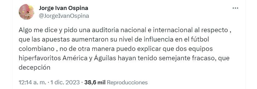 Jorge Iván Ospina, alcalde de Cali, solicitó una auditoría al fútbol colombiano por posible influencia de las casas de apuestas - crédito @JorgeIvanOspina/X