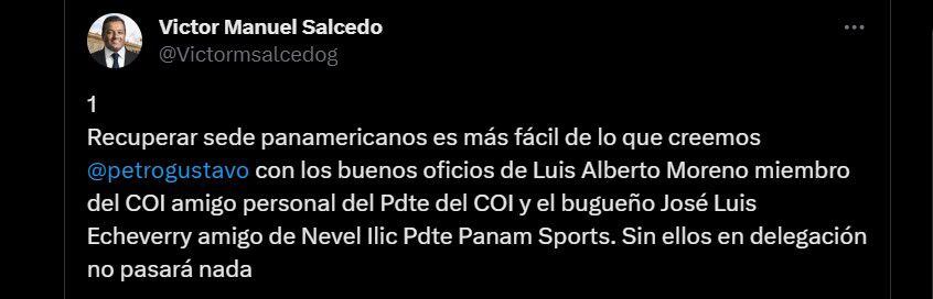 El representante Víctor Salcedo aseguró que Luis Moreno y José Luis Echeverry podríana salvar la sede de los Juegos Panamericanos Barranquilla 2027 - crédito @Victormsalcedog/X