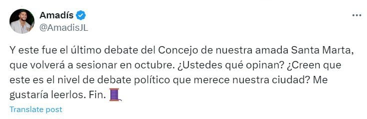 El activista político de Santa Marta mostró su decepción ante la pelea entre los concejales de la capital del Magdalena - crédito @AmadisJL/x