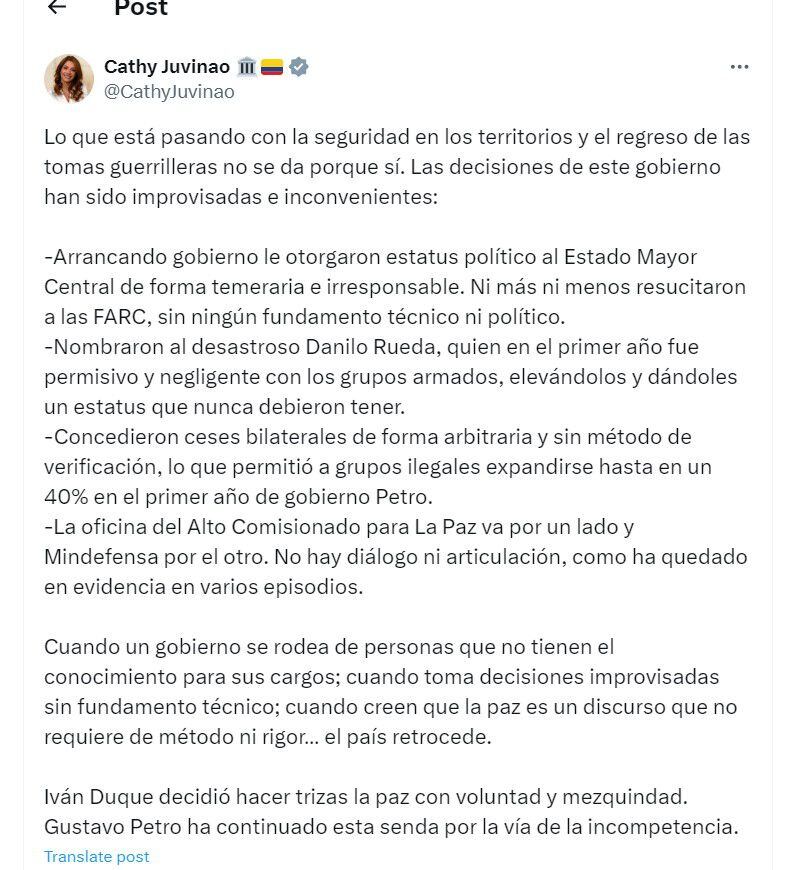 Cathy Juvinao arremete en contra del Gobierno de Gustavo Petro por ataques en el departamento del Cauca - crédito @CathyJuvinao