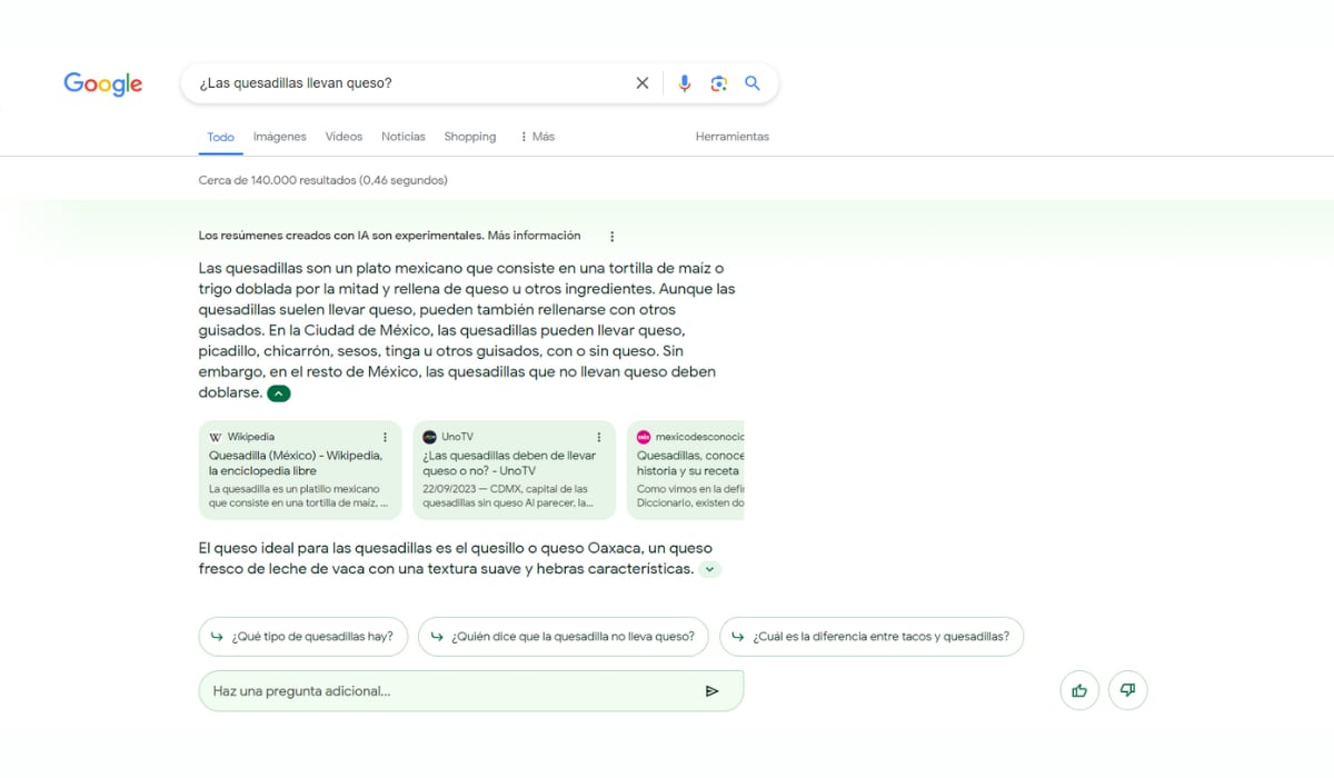 Al introducir preguntas comunes como "¿Las quesadillas llevan queso?", el sistema SGE ofrece un contexto amplio y sugerencias de búsqueda. (Google)