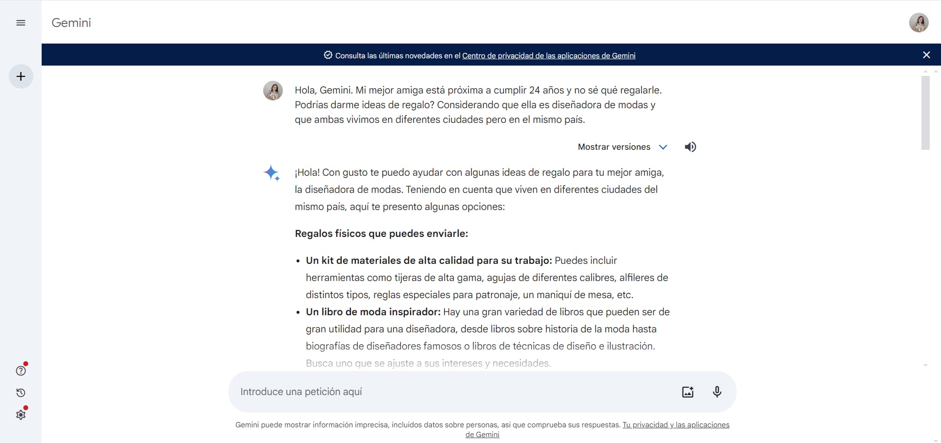 La IA ofrece tres opciones por respuesta. (Google)