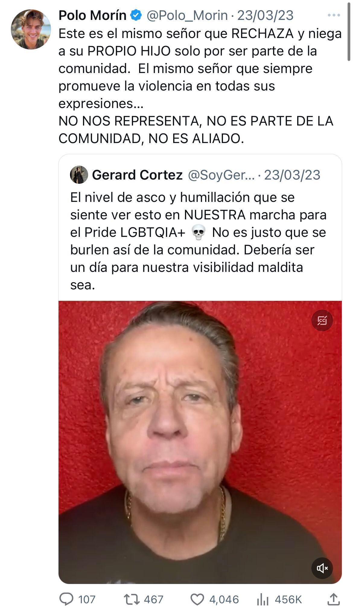 Polo Morín se mostró molesto por la participación de Alfredo Adame en la Marcha LGBTTTIQA+ de 2023 (Twitter: Polo_Morin)