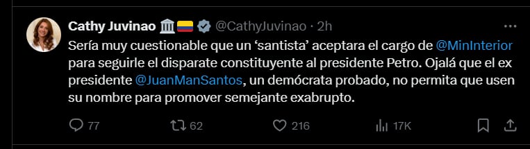 Catherine Juvinao cuestionó el posible reemplazo de Velasco en el Ministerio del Interior - crédito @CathyJuvinao/X