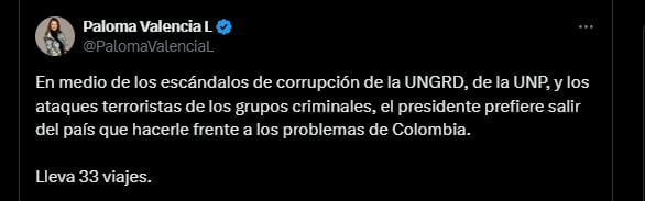 La senadora criticó otro viaje más del presidente Petro - crédito @PalomaValenciaL/X