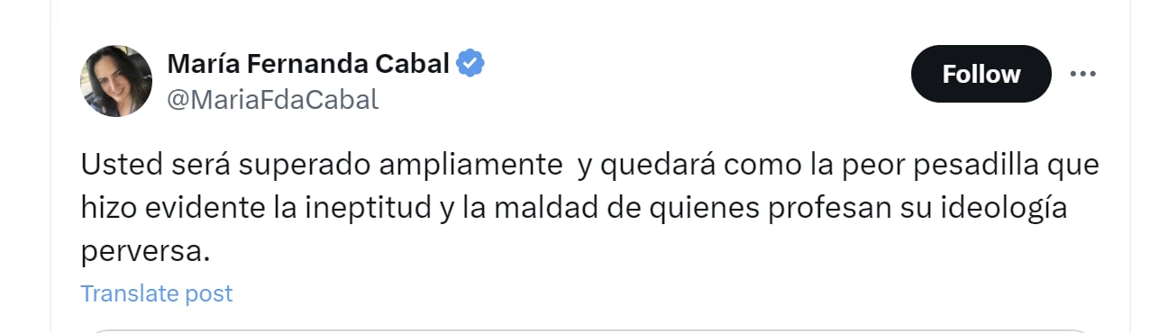 María Fernanda Cabal aseguró que Gustavo Petro quedará como la peor pesadilla del país - crédito @MariaFdaCabal/X