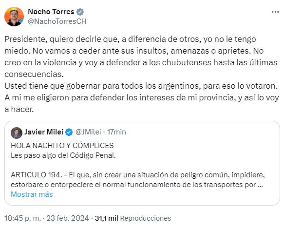 Nacho Torres le respondió a Milei en X