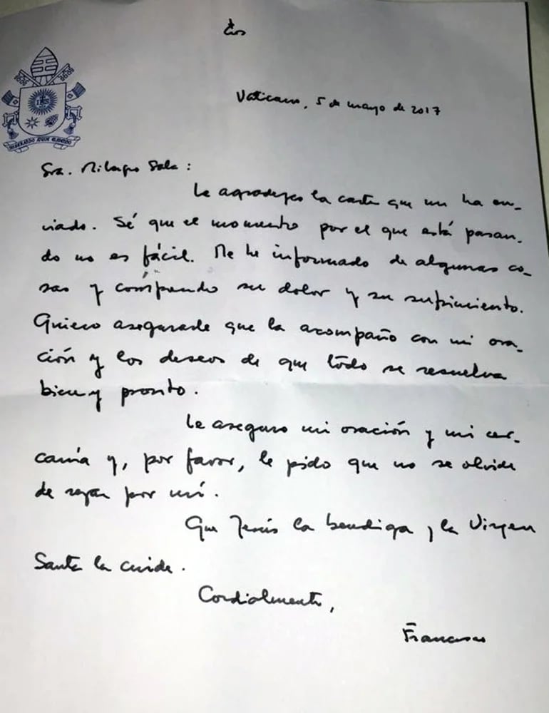 La carta que el Papa Francisco le envió a Milagro Sala